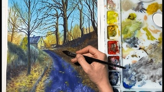 AUTUMN ROAD| WATERCOLOR PAINTING. How to draw house in autumn forest